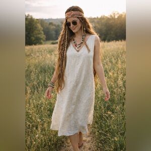 Linen Tales Sleeveless V Neckline Linen Lagonlook Relaxed Fit Breezy Midi Dress